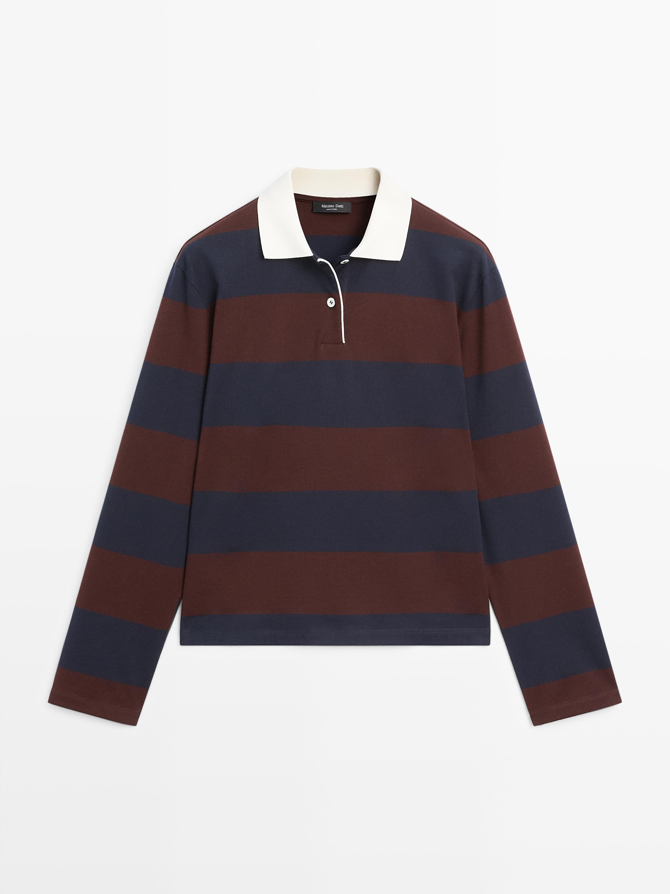 Striped long sleeve cotton polo shirt
